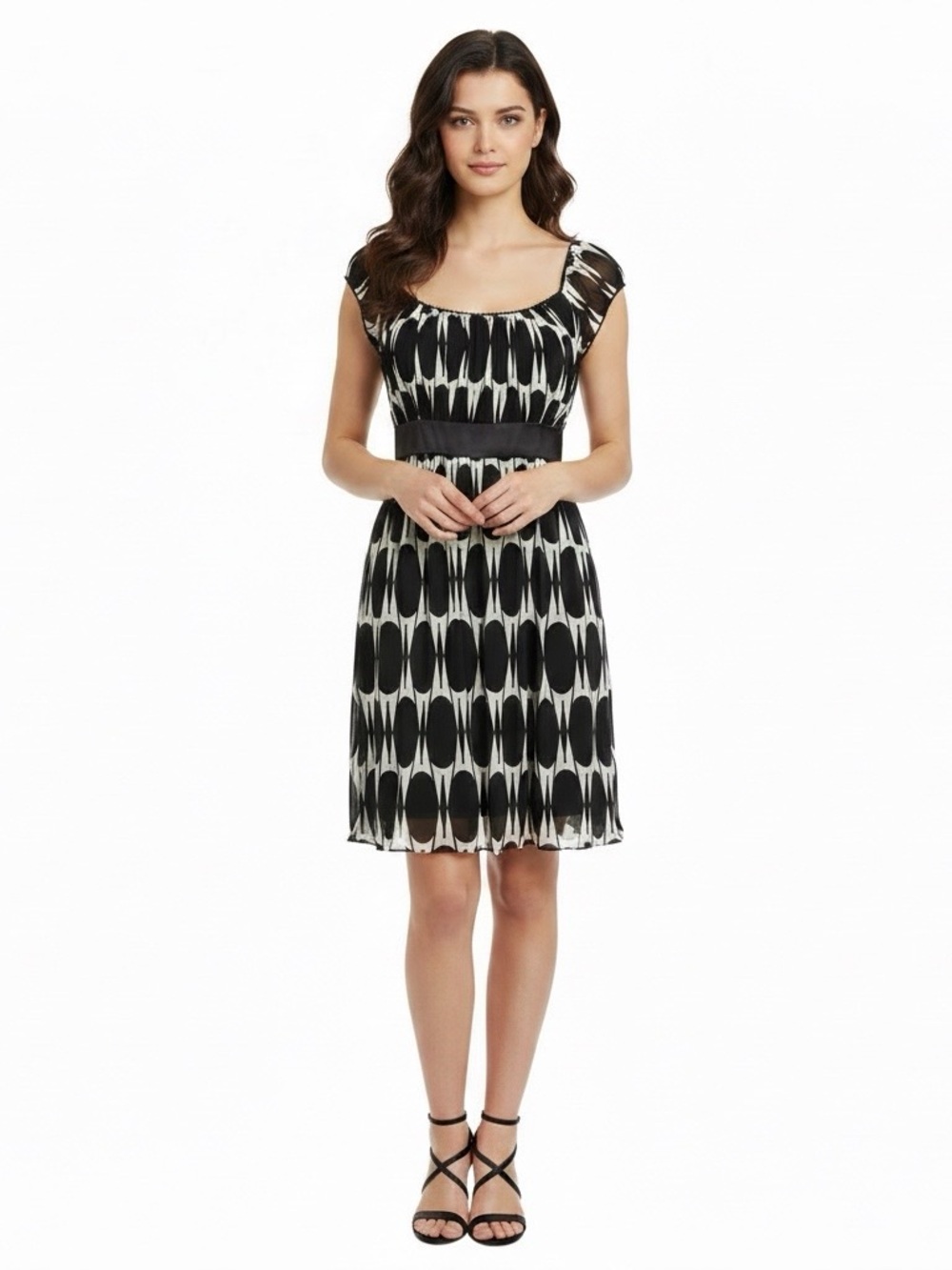 Speechless black white geometric print dress round neck size large cap sleeves - Picture 1 of 14